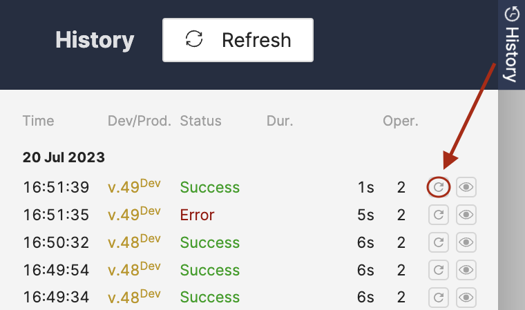 Automation history log showing timestamps, version numbers, status of executions with 'Success' and 'Error', and an option to rerun tasks