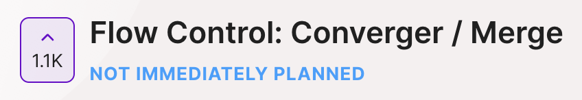 Feature request for 'Flow Control: Converger/Merge' with 1.1K upvotes, labeled as 'Not Immediately Planned