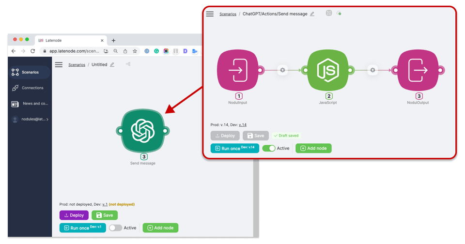 Screenshot highlighting a 'Send message' action within a Latenode automation scenario, featuring NodulInput, JavaScript processing, and NodulOutput