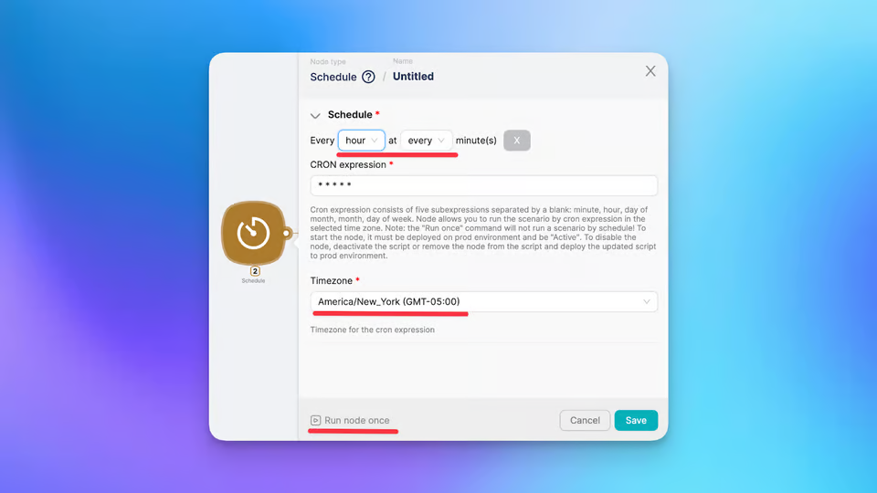 Illustration how to create a Schedule Trigger in scenario