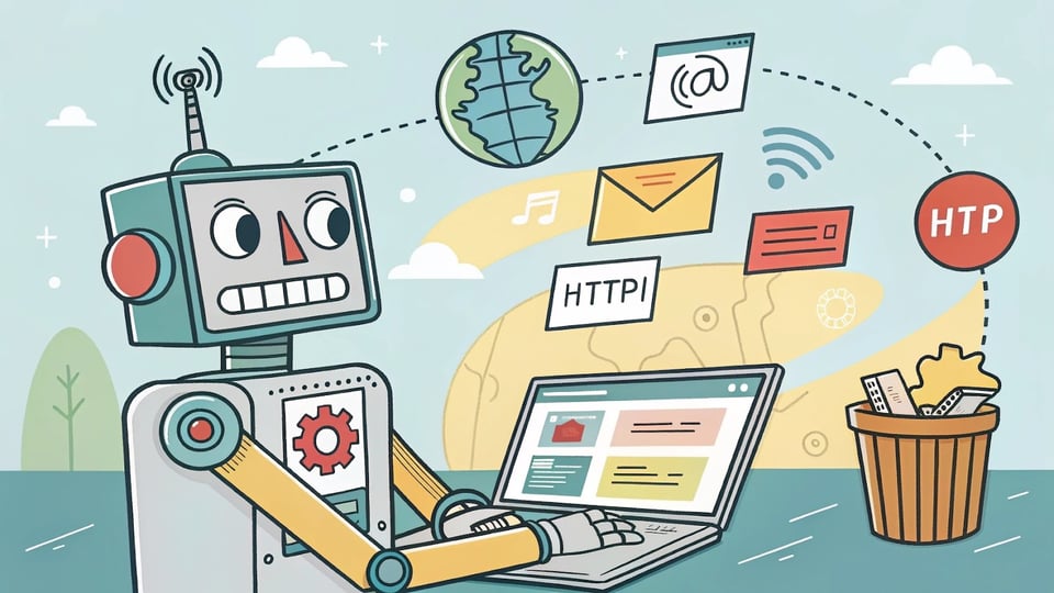 Cartoon robot performing web scraping, showing data flow from internet to local storage.