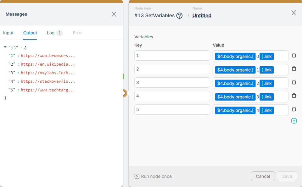 Node configuration interface showing extracted URLs from a web search being assigned to variables. The output lists five URLs, each corresponding to a variable key for further steps in the automation workflow.