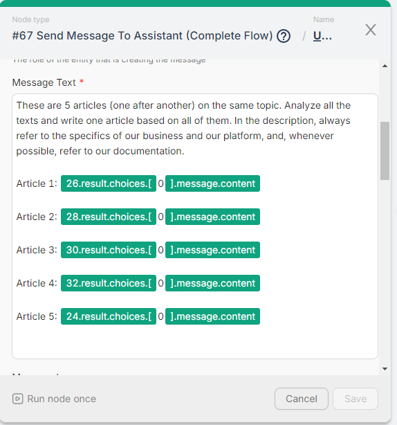 Node configuration for an AI content generation workflow. The node processes five input articles on the same topic, analyzing and synthesizing them into a single article while incorporating business-specific details and platform references.